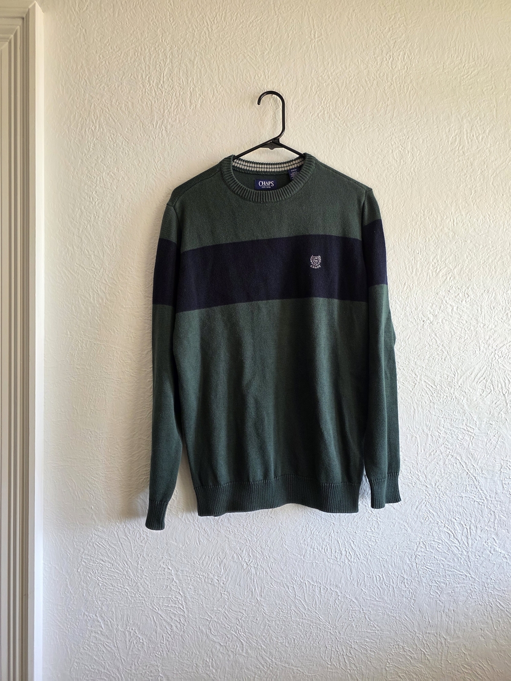 Chaps Green Crewneck Sweater with Navy Chest Stripe